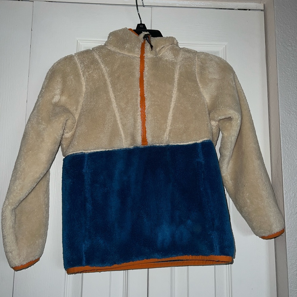 Boys L.L.Bean Fleece Hooded Pullover Colorblock Natural/Marine Blue size M